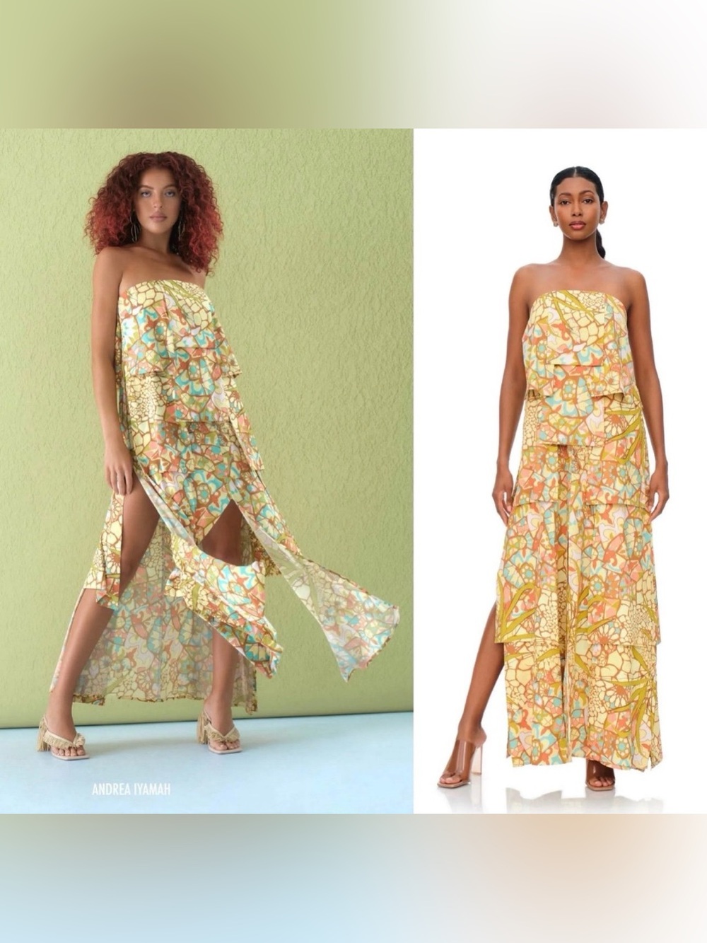 Strapless Tiered Floral Print Maxi Dress in Yellow & Aqua women’s size small